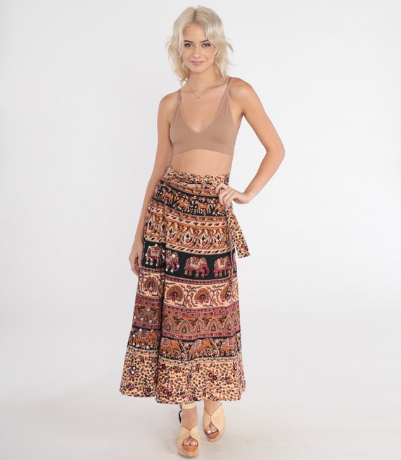 Sequin Wrap Skirt 90s Hippie Maxi Skirt Indian Floral Elephant Peacock Print Long High Waisted Sparkly Vintage 1990s  Small Medium Large xl
