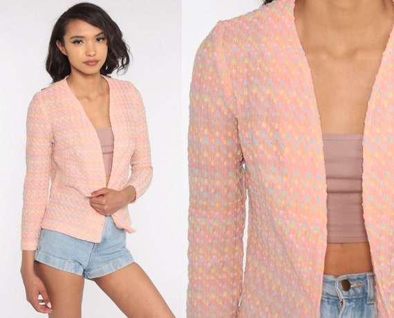 70s Blouse Baby Pink Pastel Top Flecked Bohemian Shirt Open Front Vintage Boho Hippie Festival 1970s Long Sleeve Small S