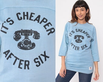 Vintage Rotary Phone Shirt 70s 80s It's Cheaper After Six Blue Retro TShirt Vintage Graphic T Shirt Slogan Long Sleeve Tee Extra Small xs