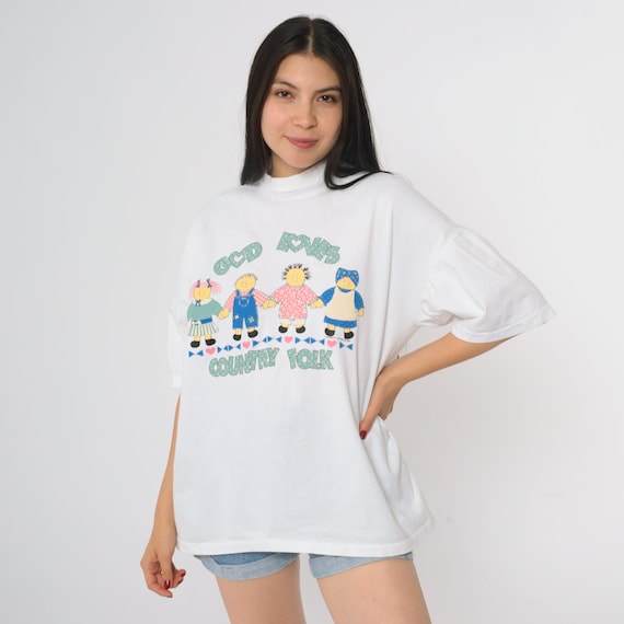 Country Folk Tshirt 90s God Loves Christian Graphic Tee Cartoon Doll Figures Pastel Mint Green Pink Blue Cotton Large