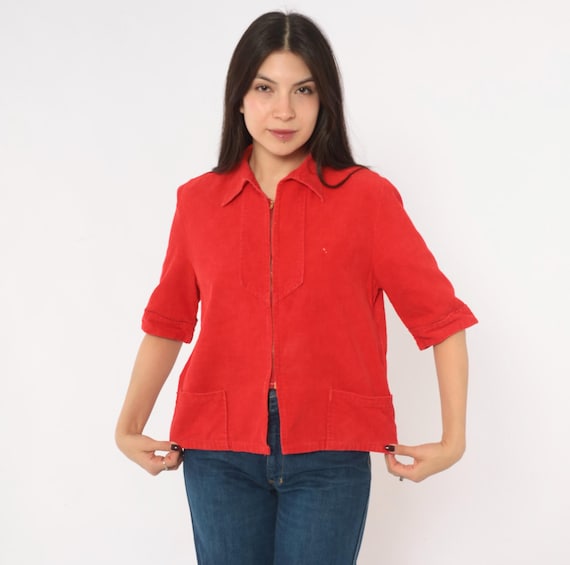 70s Red Corduroy Shirt Zip Front Pointed Collar Patch Pocket Half Sleeve Cropped Blouse Mod Bib Top Grunge Hippie Bohemian Vintage Small S