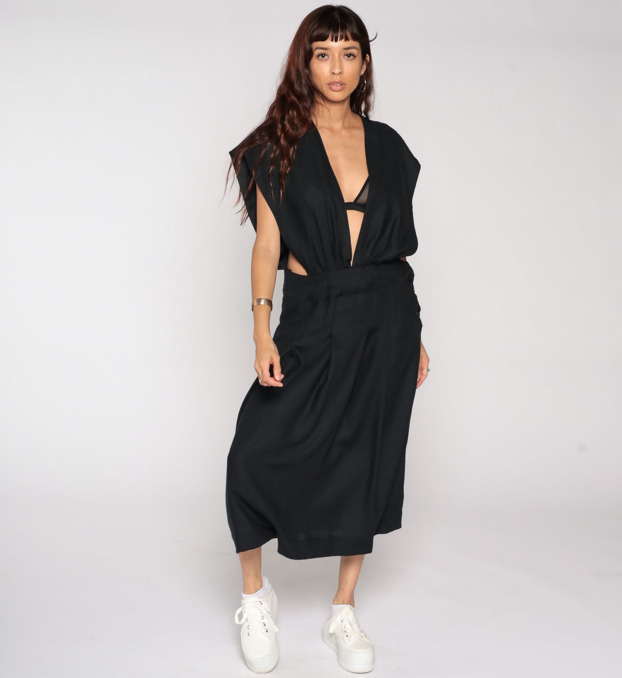 black v neck pinafore
