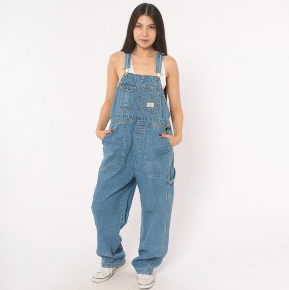 90s Unionbay Denim Overalls Blue Jean Cargo Pocket Dungarees Baggy Wide Leg Cotton Bib Jumpsuit Workwear Utility Carpenter Coverall Medium M