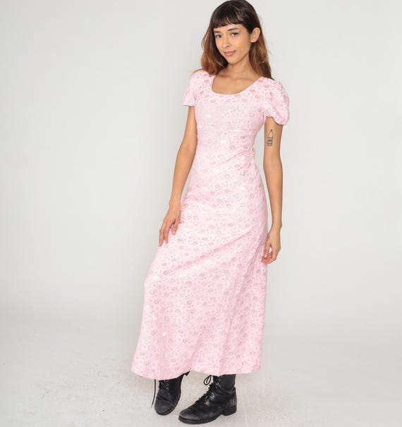 70s Pink Floral Dress Maxi Sparkly Puff Sleeve Rose Pattern Disco Party Evening Formal Vintage Prairie Cottagecore Coquette Girly Small S