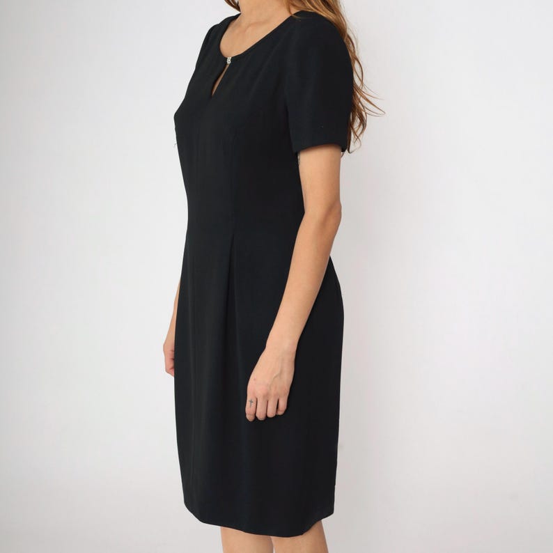 90s Black Midi Dress Rhinestone Clasp Pencil Dress Plain Short Sleeve