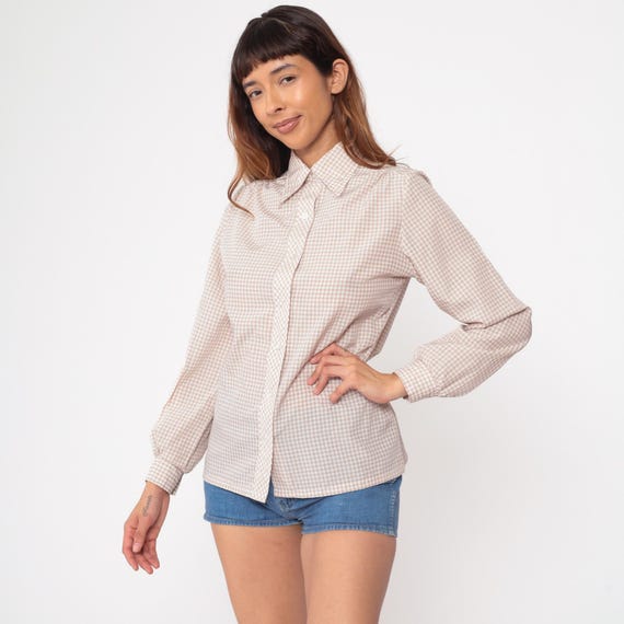Gingham Check Blouse 70s Vintage Beige Tan Button Up Pointed Collar Long Sleeve Preppy Neutral  Cottage Core Prairie Medium M