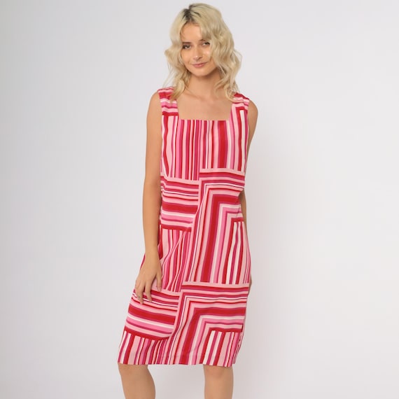 Red Pink Dress Y2K Striped Dress New York Geometric Pattern Tie Straps Sleeveless Mini Dress Preppy 2000s Summer Dress Coquette Medium M