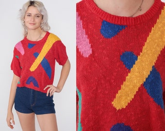 Red Sweater Top 80s Knit Shirt Yellow Blue Pink Green Abstract Scribble Print Short Sleeve Sweater Artsy Spring Blouse Vintage 1980s Small S