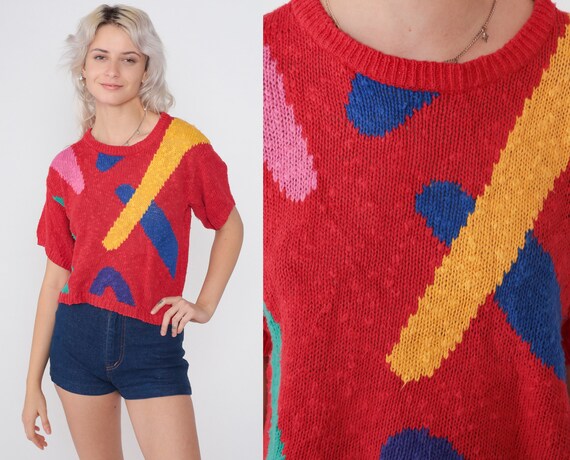 Red Sweater Top 80s Knit Shirt Yellow Blue Pink G… - image 1