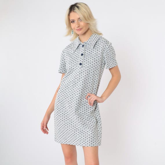 Vintage 60s Mod Shift Dress Mini Geometric Dot Print Grey Blue Shirtdress Button Up Hippie 1960s Short Sleeve Medium M