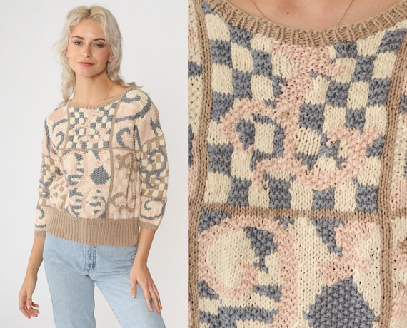 90s Patchwork Sweater Checkered Sweater Pink Cream Knit Cropped 3/4 Sleeve Jumper Statement Vintage Pullover Retro 1990s Small xs Petite P