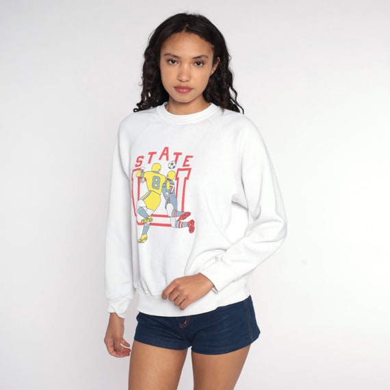 Football Sweatshirt 80s Sweatshirt State U Football Shirt Graphic Baggy Jumper Sports Vintage White 1980s Medium Large