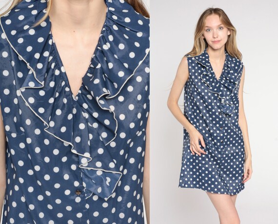 Polka Dot Mini Dress 70s Mod Shift Dress Retro Boho Ruffled Button Up Summer Casual Day Dress Sleeveless Hippie Blue Vintage 1970s Small S
