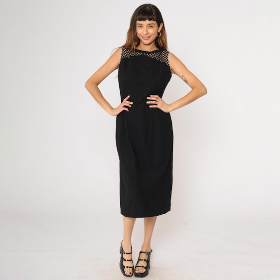Vintage Black Party Dress 60s Mod Midi Cocktail Dress Sheer Checkered Yoke 1960s Sleeveless Sheath Evening LBD Plain Formal Medium M