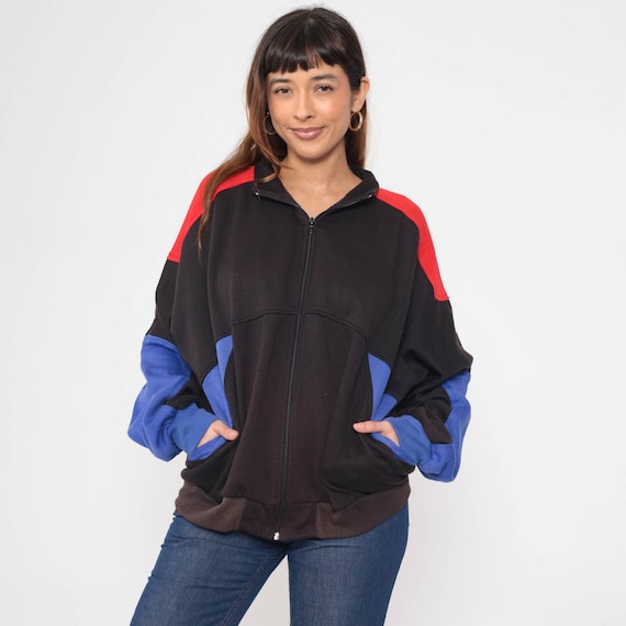 Dolfin Zip Up Sweatshirt 90s Faded Black Striped Track Jacket 1990s Red Purple-Blue Color Block Warm Up Vintage Oversized Men's Large L