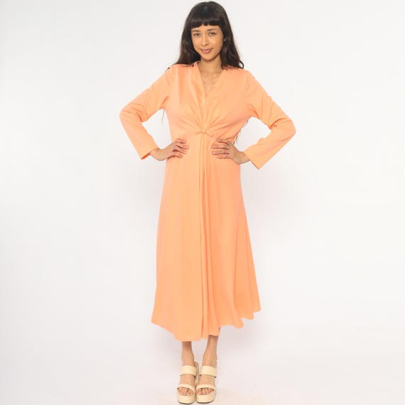 70s Peach Dress Long Sleeve Gathered Front Disco Party Evening Gown Formal Wedding Apricot Coral Orange Fairycore Coquette Vintage Medium M