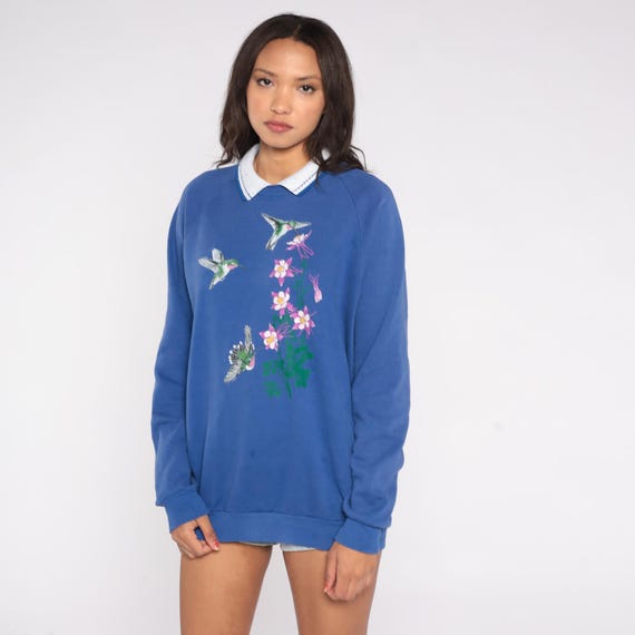 Hummingbird Sweatshirt 90s Collared Blue Cotton Blend Floral Pink Columbine Flowers Green Bird Floral Pullover Grandmacore Extra Large XL