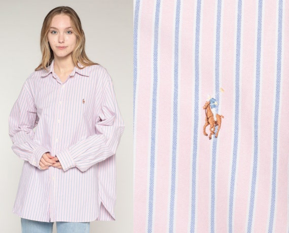 Ralph Lauren Striped Shirt 90s Light Pink Polo Button Up Retro Preppy Collared Shirt Long Sleeve Oxford Button Down Vintage 1990s Large L
