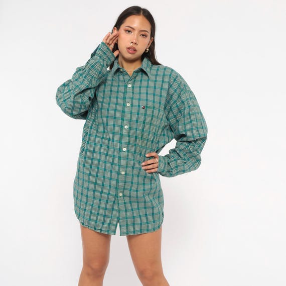 Y2K Tommy Jeans Plaid Flannel Shirt Teal Green Cotton Long Sleeve Chest Pocket Blue White Relaxed Fit Unisex Grunge Vintage Extra Large XL