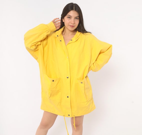 80s Yellow Parka Jacket Snap Front Cotton Stand Collar Windbreaker Coat Long Sleeve Relaxed Fit Spring Fall Bright Rain Vintage Small S