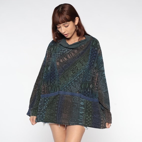 90s Grunge Tunic Hippie Abstract Print Cowl Neck Drop Shoulder Long Sleeve Teal Forest Green Navy Blue Plus Size Vintage Extra Large XL 3X