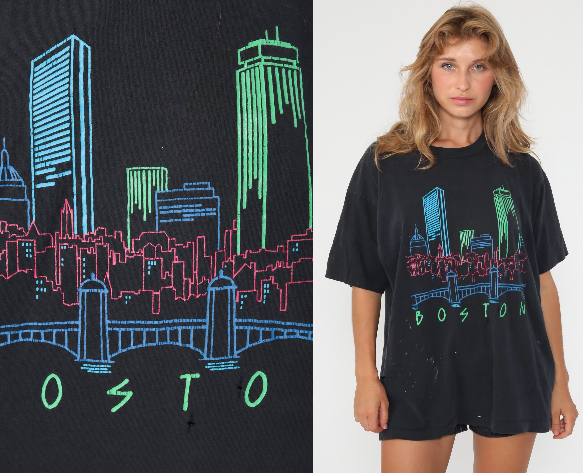 Vintage Boston Shirt 80s Neon Cityscape 