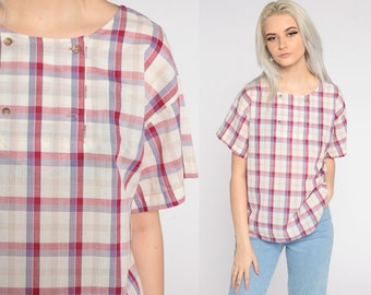 80s Plaid Shirt 80s Double Breasted Button Up Blouse Checkered Print White Pink Cap Sleeve Boho Top 1980s Short Sleeve Vintage Medium
