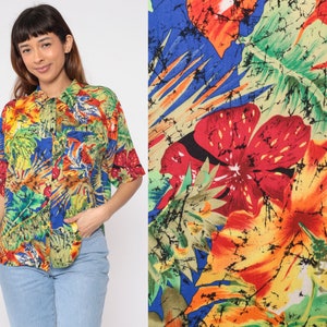 Tropical Floral Blouse 90s Button up Shirt Red Black Marbled Abstract Flower Leaf Print Top Short Sleeve Summer Retro Vintage 1990s Small S
