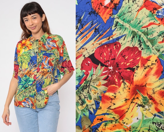 Tropical Floral Blouse 90s Button up Shirt Red Black Marbled Abstract Flower Leaf Print Top Short Sleeve Summer Retro Vintage 1990s Small S