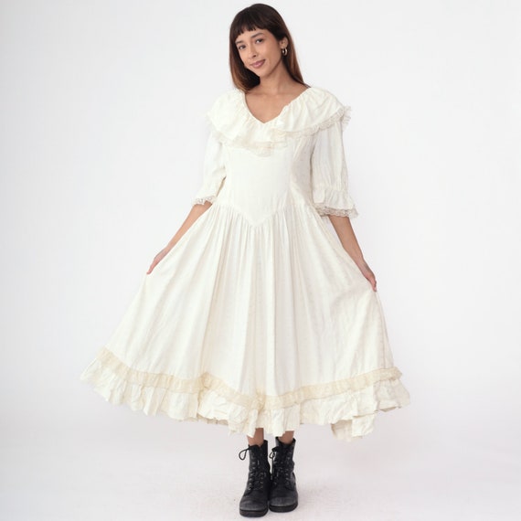 70s Prairie Dress Cream Eyelet Lace Maxi Dress Ru… - image 2