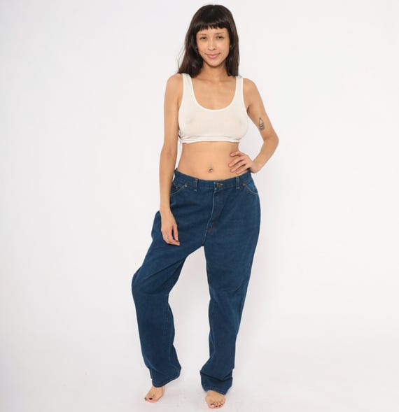 Wrangler Dark Denim Jeans 80s High Rise Straight Leg Blue Mom Jean Relaxed Fit Western Indigo Pants Five Pocket Trousers Vintage 32 x 32
