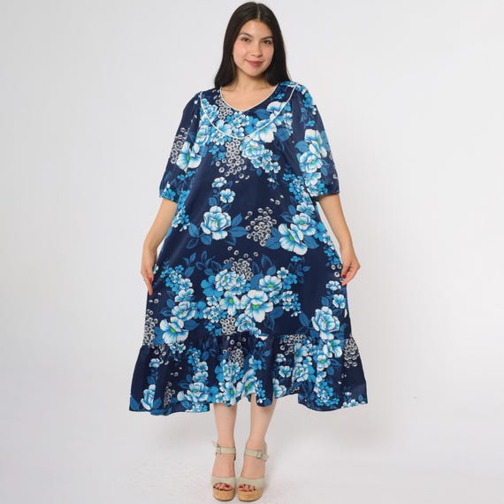 80s Hawaiian Dress Summer Muumuu Navy Blue Floral Print Ruffle Hem Short Sleeve Pullover Loose Fit Tropical Resort Wear Extra Large XL