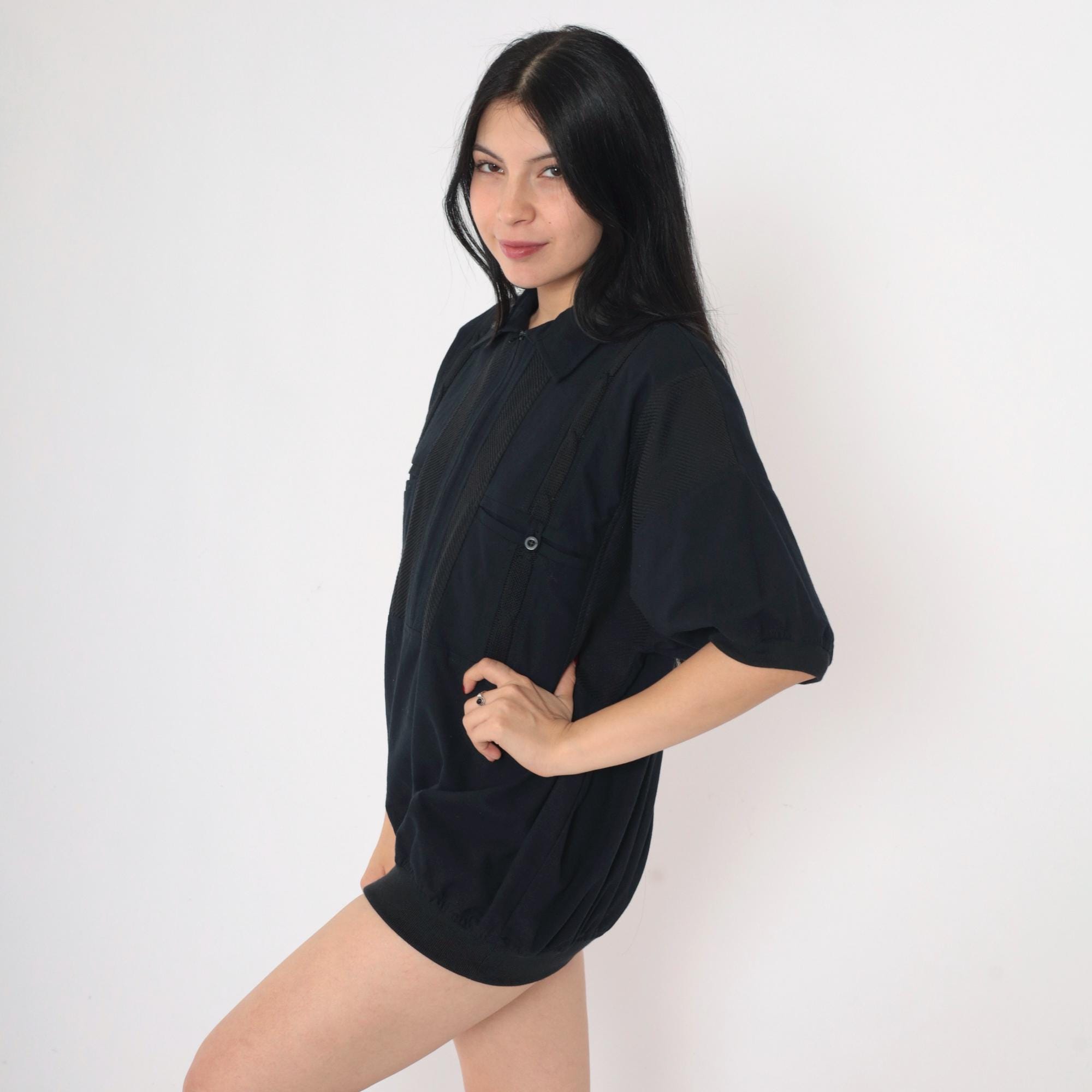 90s Zip up Shirt Black Cable Knit Shirt Quarter Zipper Short 90s Zip up Shirt Black Cable Knit Shirt Quarter Zipper Short