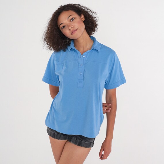 Blue Polo Shirt 90s Collared T-shirt Preppy Basic Short Sleeve Top Half Button Up Plain Casual Blouse Single Stitch Vintage 1990s Large L