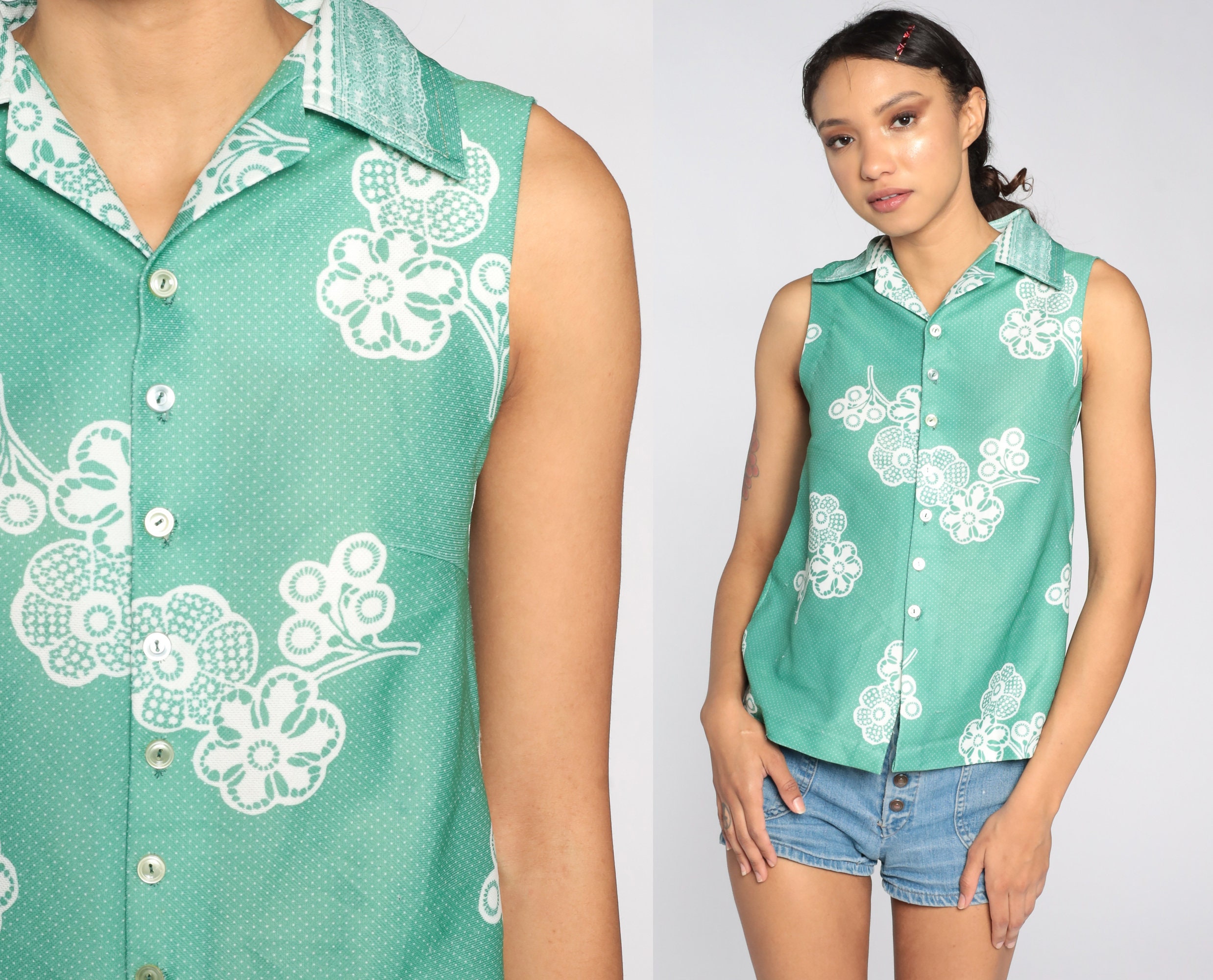 70s Tank Top Green Floral Shirt Hippie Blouse Boho Shirt Sleeveless ...
