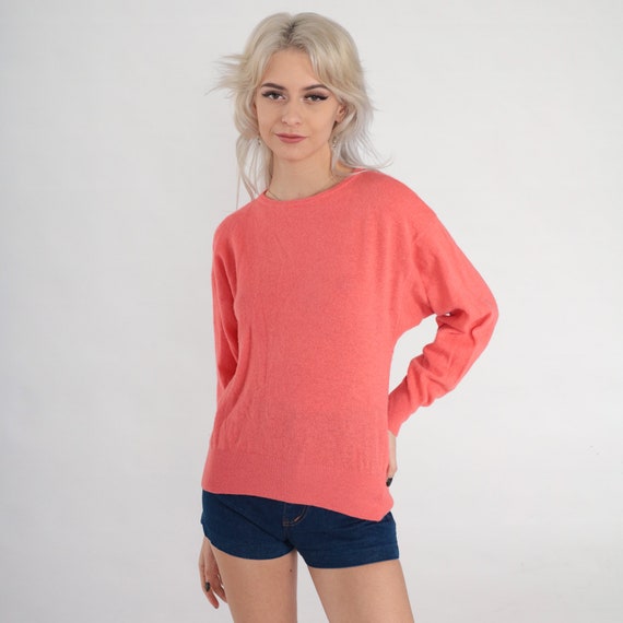 Salmon Pink Cashmere Sweater 60s Knit Dolman Sleeve Pullover Sweater Retro Plain Basic Knitwear Soft Jumper Spring Vintage 1960s Small S