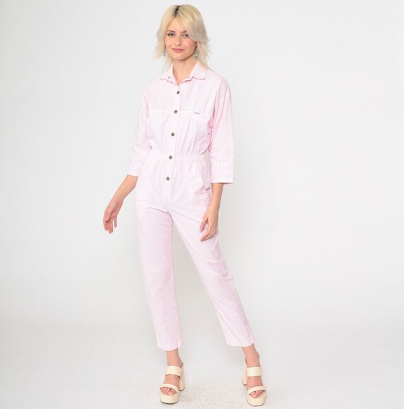 80s Ideas Jumpsuit Pink White Striped Tapered Pant Snap Button Up Jumpsuit High Waisted 1980s Vintage Pantsuit 3/4 Long Sleeve Small