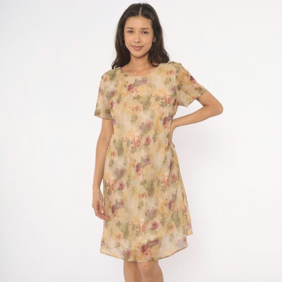 90s Sheer Floral Dress Tan Rose Print Chiffon Short Sleeve Scoop Neck Knee Length A Line Beige Pink Prairie Summer Shift Vintage Medium M