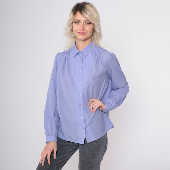 80s Periwinkle Blouse Puff Sleeve Top Button up Shirt Retro Collared Secretary Blouse Simple Draped Plain Collar Vintage 1980s Large 14