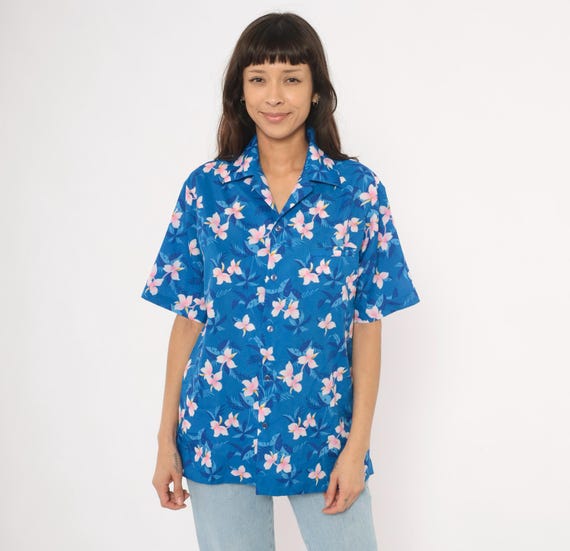 90s Hawaiian Shirt Blue Plumeria Floral Print Hilo Hatties Aloha Short Sleeve Tropical Flower Pink Island Vacation Beach Summer Top Medium M