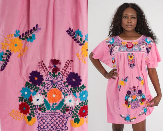 Floral Embroidered Dress Pink Mexican Peasant Puebla Dress Mini 80s Boho Tunic Hippie Festival Dress Bohemian Embroidery Large L