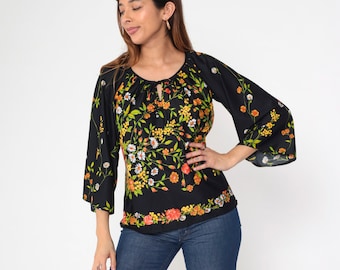 70s Floral Blouse Black Bell Sleeve Top Boho Hippie Flower Print Shirt Keyhole Festival Seventies Long Sleeve Vintage 1970s Medium Large