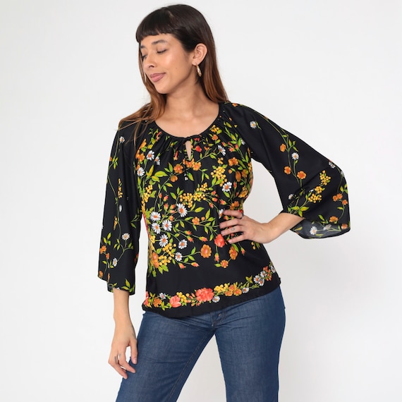 70s Floral Blouse Black Bell Sleeve Top Boho Hippie Flower Print Shirt Keyhole Festival Seventies Long Sleeve Vintage 1970s Medium Large