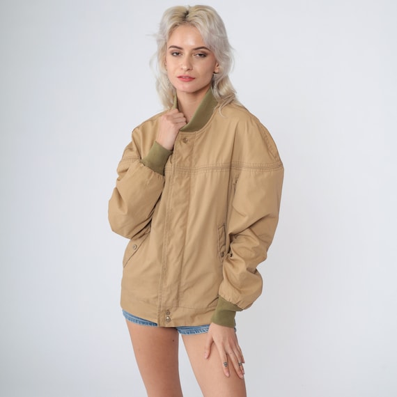 Tan Bomber Jacket 70s Zip Up Moto Jacket Plaid Flannel Lining Retro Coat Streetwear Basic Plain Neutral Vintage 1970s Sears Outerwear Small