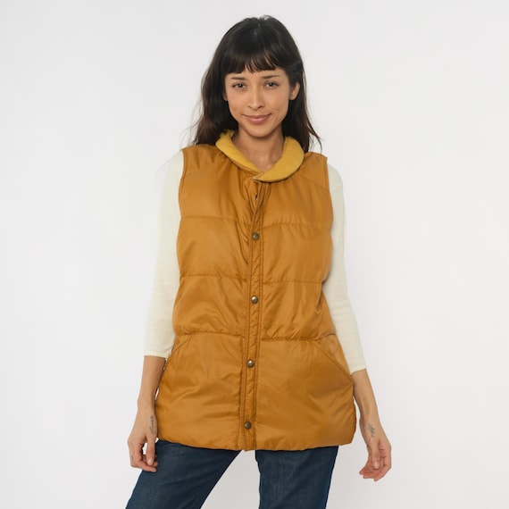 80s Eddie Bauer Down Vest Mustard Yellow Puffer Quilted Sleeveless Snap Front Vintage Ski Vest Outdoor Puffy Winter Jacket Gorpcore Large L