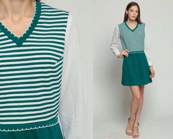 70s Mini Dress Mod Striped Retro Green High Waisted 1970s Twiggy Vintage V Neck Minidress Long Sleeve White Ringer Large