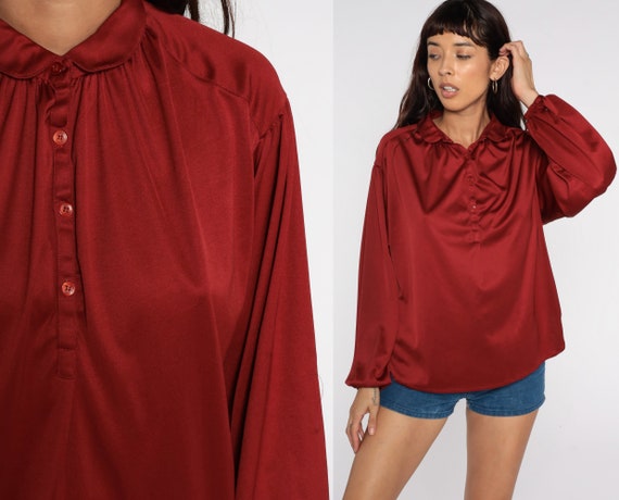 Silky Rust Red Blouse 70s Disco Blouse Peter pan collar Long Sleeve Shirt Disco Shirt Plain Shirt Vintage 1970s Shiny Loose Large L