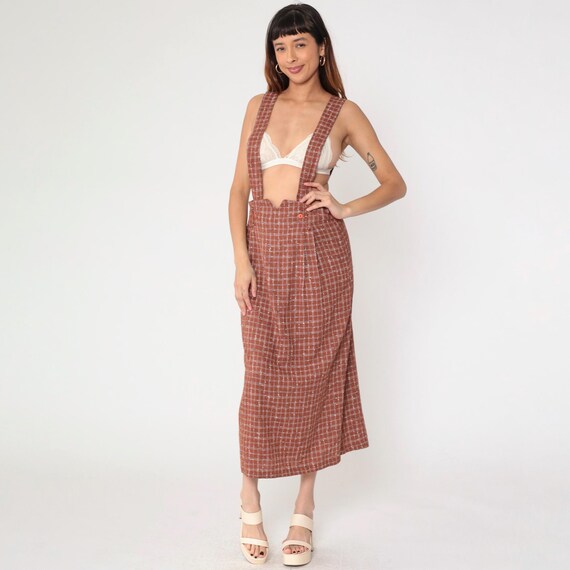 Vintage 80s Plaid Suspender Skirt Rust Brown Midi Jumper Dress Open Back Grunge Fall Pinafore 1980s Made USA Medium M