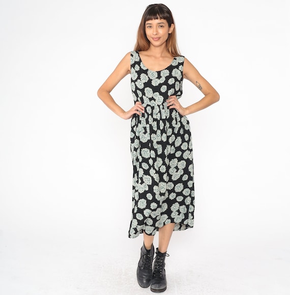 90s Floral Dress Black Rayon Flower Sundress Boho Scoop Neck Sun Bohemian High Waist Midi 1990s Sleeveless Vintage Teal White Large L