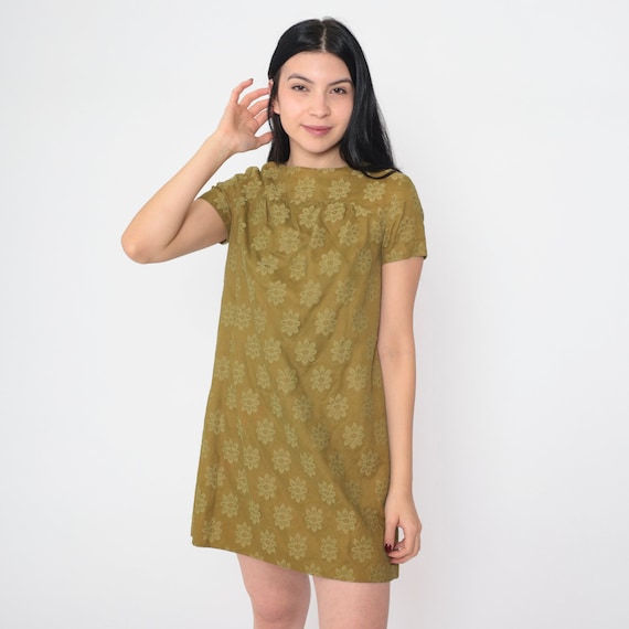 Floral Brocade Dress 60s Party Dress Olive Brown Mod Mini Dress Bow Back Evening Cocktail Formal Short Sleeve Vintage 1960s Extra Small xs